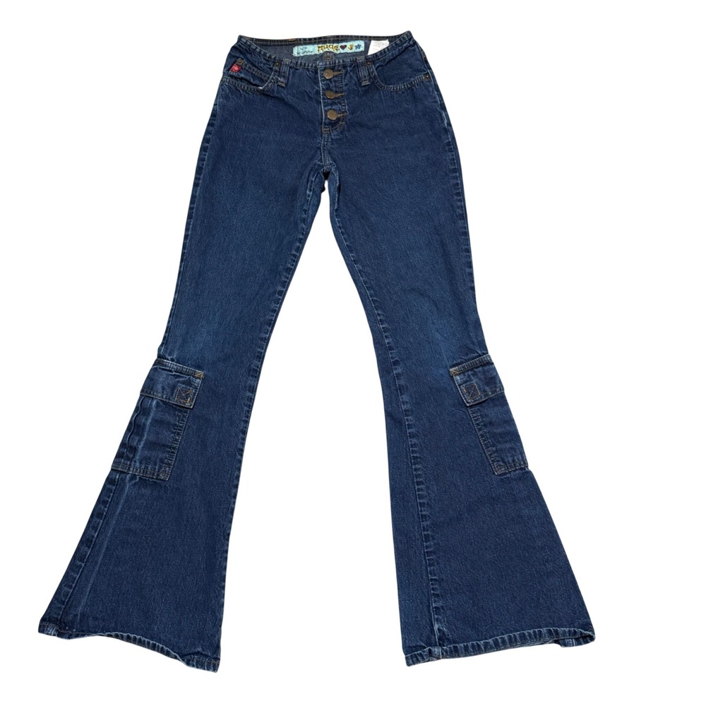Vintage Mudd Y2k Low Rise Flare Leg Cargo Jeans Dark Wash Button Fly Size 0